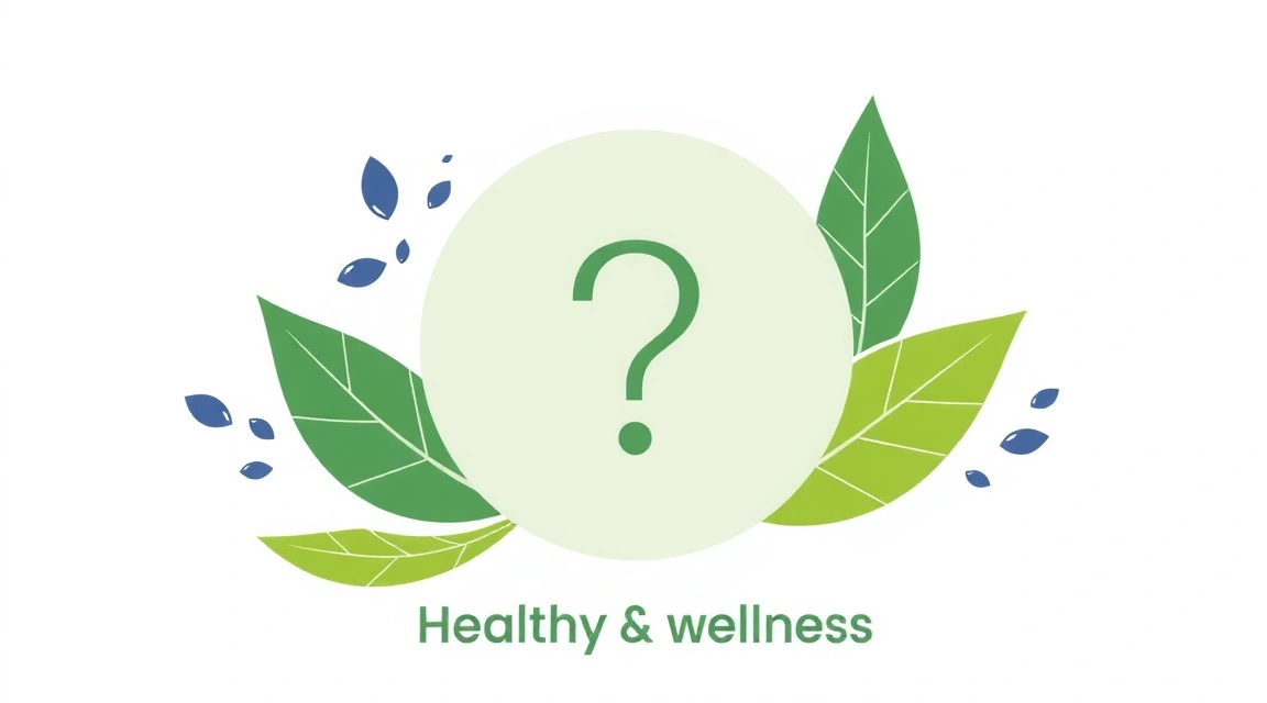 Gráfico minimalista con signo de interrogación y elementos saludables abstractos