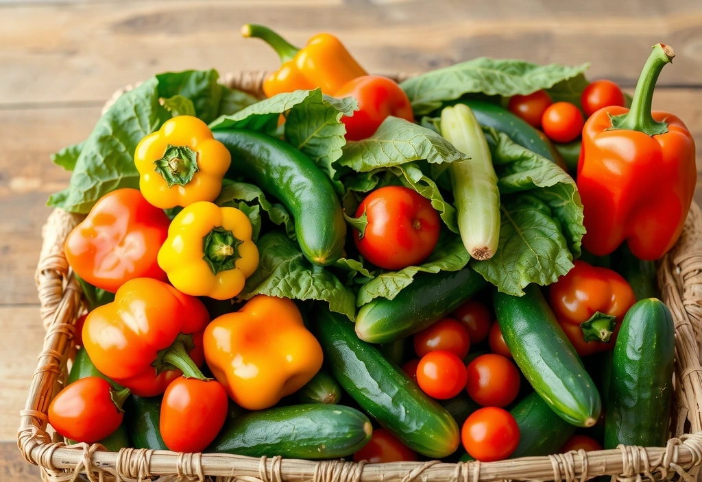 Cesta de mimbre llena de diversas verduras orgánicas frescas.