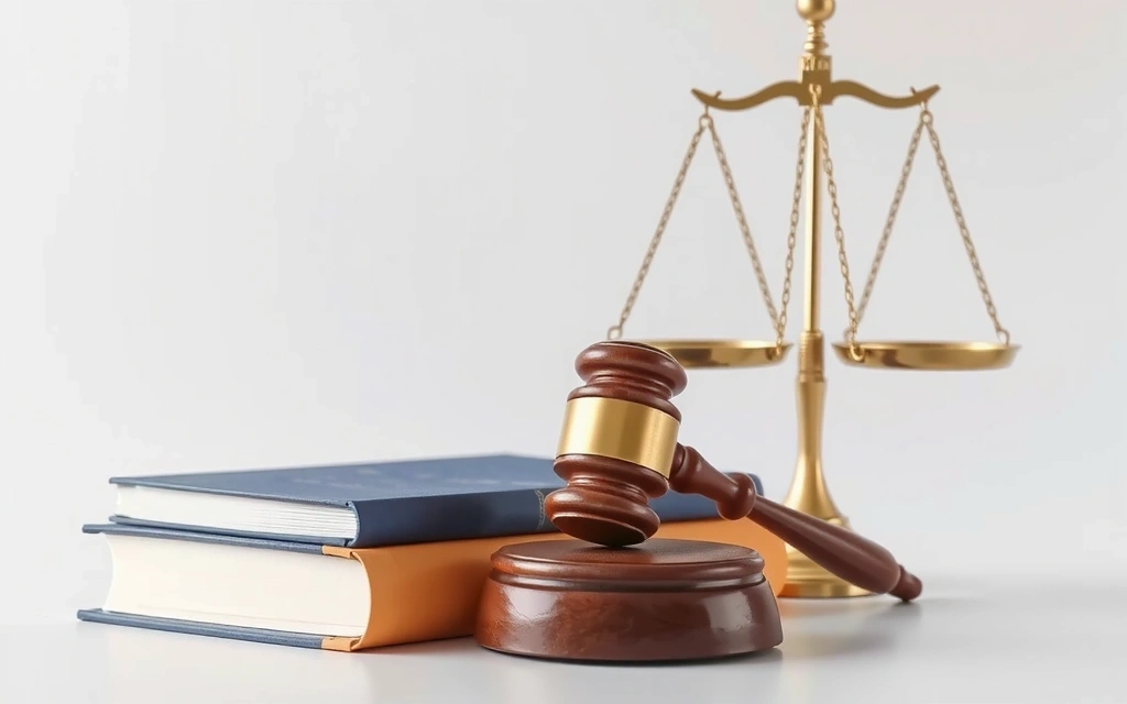 A stylized gavel, law books, and a balanced scale, representing legal principles and justice, with a modern, clean aesthetic.