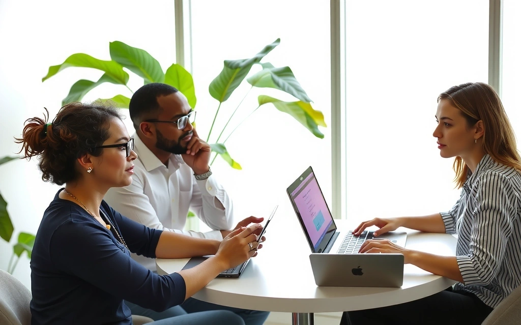 Diverse group of people collaborating respectfully on laptops, illustrating ethical online behavior and digital citizenship.