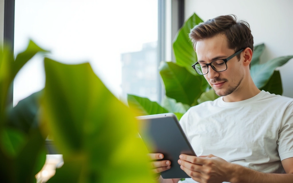Man reading terms and conditions on a tablet, surrounded by natural elements like leaves and soft light.