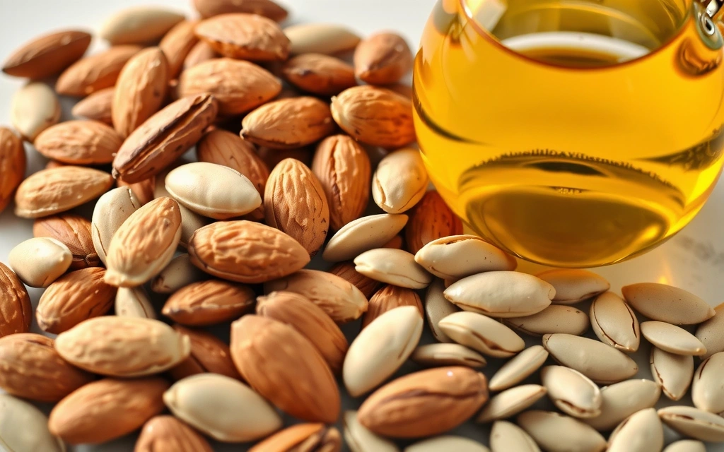 Un surtido apetitoso de frutos secos (almendras, avellanas) y semillas de girasol, junto con una botella de aceite de girasol, destacando las fuentes naturales de Vitamina E.